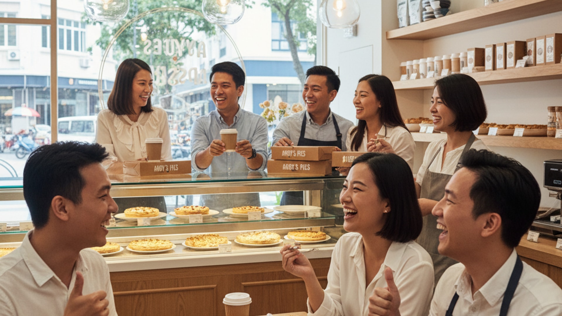 Happy customers at Andy's Pie